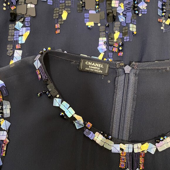 CHANEL Navy Silk Sequin Trim Cruise 2015  Dress *As Is* SAMPLE - Picture 16 of 16